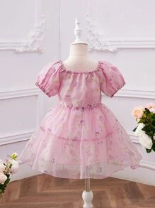 SHEIN 小女童印花泡泡袖前蝴蝶結荷葉邊歐根紗洋裝