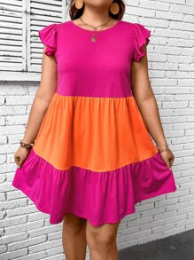 SHEIN VCAY Plus Colourblock Ruffle Trim Smock Dress - Multicolor - View 6
