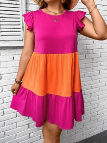 SHEIN VCAY Plus Colourblock Ruffle Trim Smock Dress - Multicolor - View 7