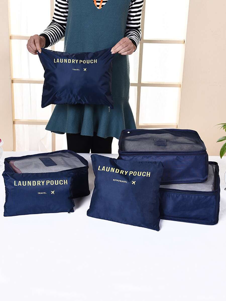 QYeah 6pcs Letter Graphic Travel Storage Bag, Multifunction Laundry Pouch For Travel - Navy Blue - View 1