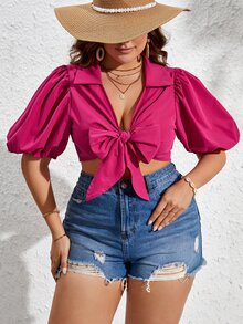 SHEIN VCAY Plus Puff Sleeve Knot Front Crop Blouse - Hot Pink - View 4