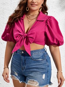 SHEIN VCAY Plus Puff Sleeve Knot Front Crop Blouse - Hot Pink - View 1