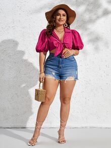 SHEIN VCAY Plus Puff Sleeve Knot Front Crop Blouse - Hot Pink - View 5