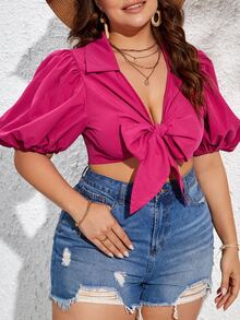 SHEIN VCAY Plus Puff Sleeve Knot Front Crop Blouse - Hot Pink - View 3