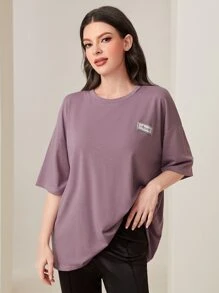 Mulvari Letter Patched Drop Shoulder Tee - Mauve Purple - View 1