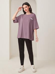 Mulvari Letter Patched Drop Shoulder Tee - Mauve Purple - View 3