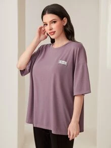Mulvari Letter Patched Drop Shoulder Tee - Mauve Purple - View 4