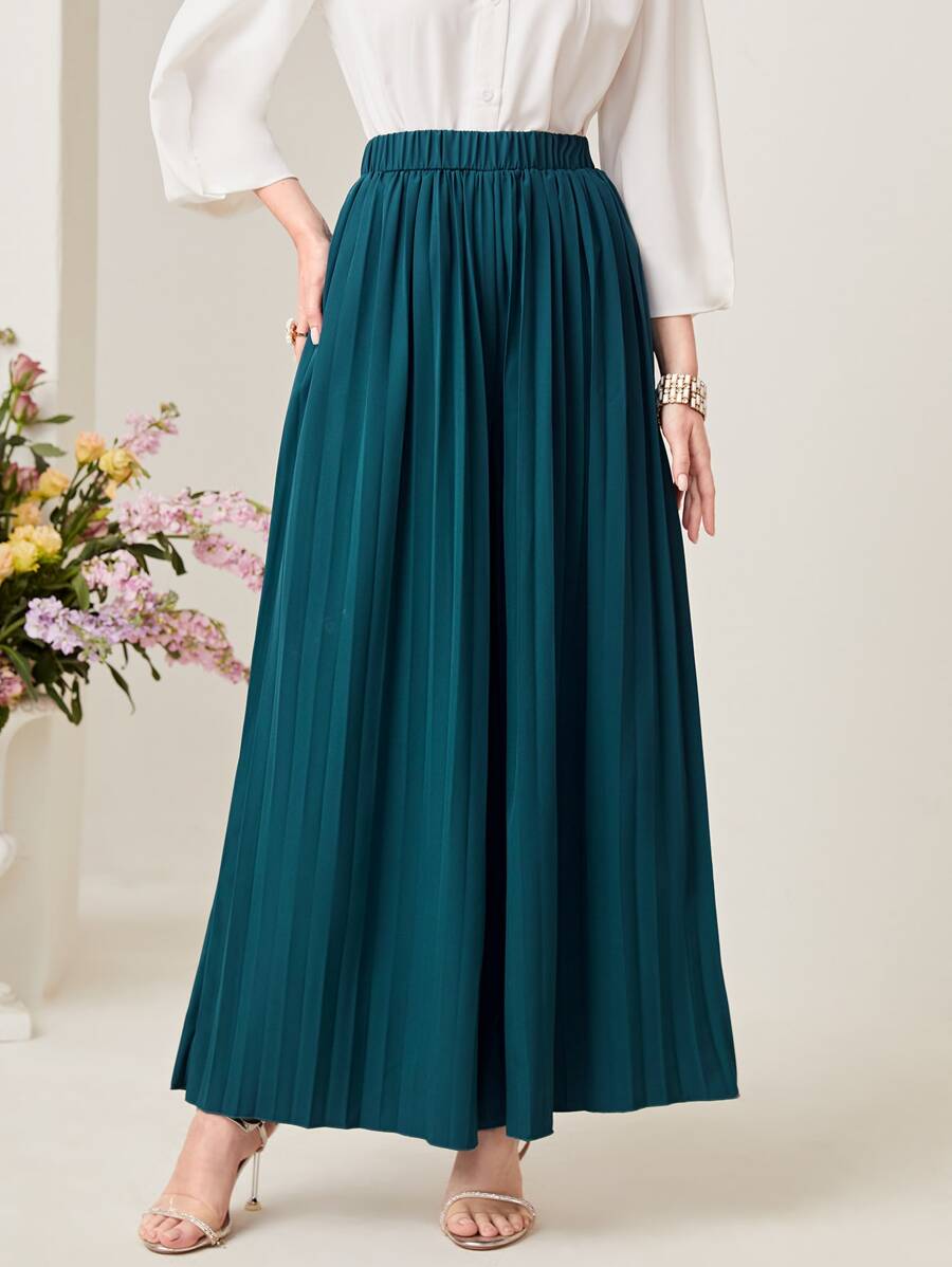 Modelyn Solid Pleated Wide Leg Trousers - Teal Blue - View 1