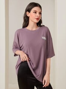 Mulvari Letter Patched Drop Shoulder Tee - Mauve Purple - View 6