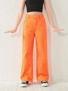 SHEIN Tween Girl High Waist Wide Leg Jeans - Orange - View 1