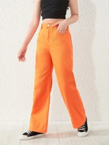 SHEIN Tween Girl High Waist Wide Leg Jeans - Orange - View 3