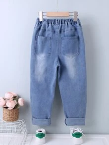 男孩字母圖案破洞蘿蔔牛仔褲 - 淺色水洗藍 - 查看 2