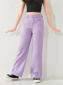 SHEIN 少女Y2K街头日常款弹力腰直筒牛仔裤，带平口袋，日常款 - 紫羅蘭色 - 查看 5