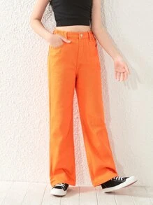 SHEIN Tween Girl High Waist Wide Leg Jeans - Orange - View 5