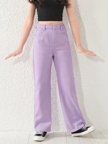 SHEIN 少女Y2K街头日常款弹力腰直筒牛仔裤，带平口袋，日常款 - 紫羅蘭色 - 查看 6