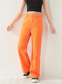 SHEIN Tween Girl High Waist Wide Leg Jeans - Orange - View 6