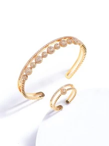 方晶鋯石裝飾開口手鐲和開口戒指 - 金黃色 - 查看 1