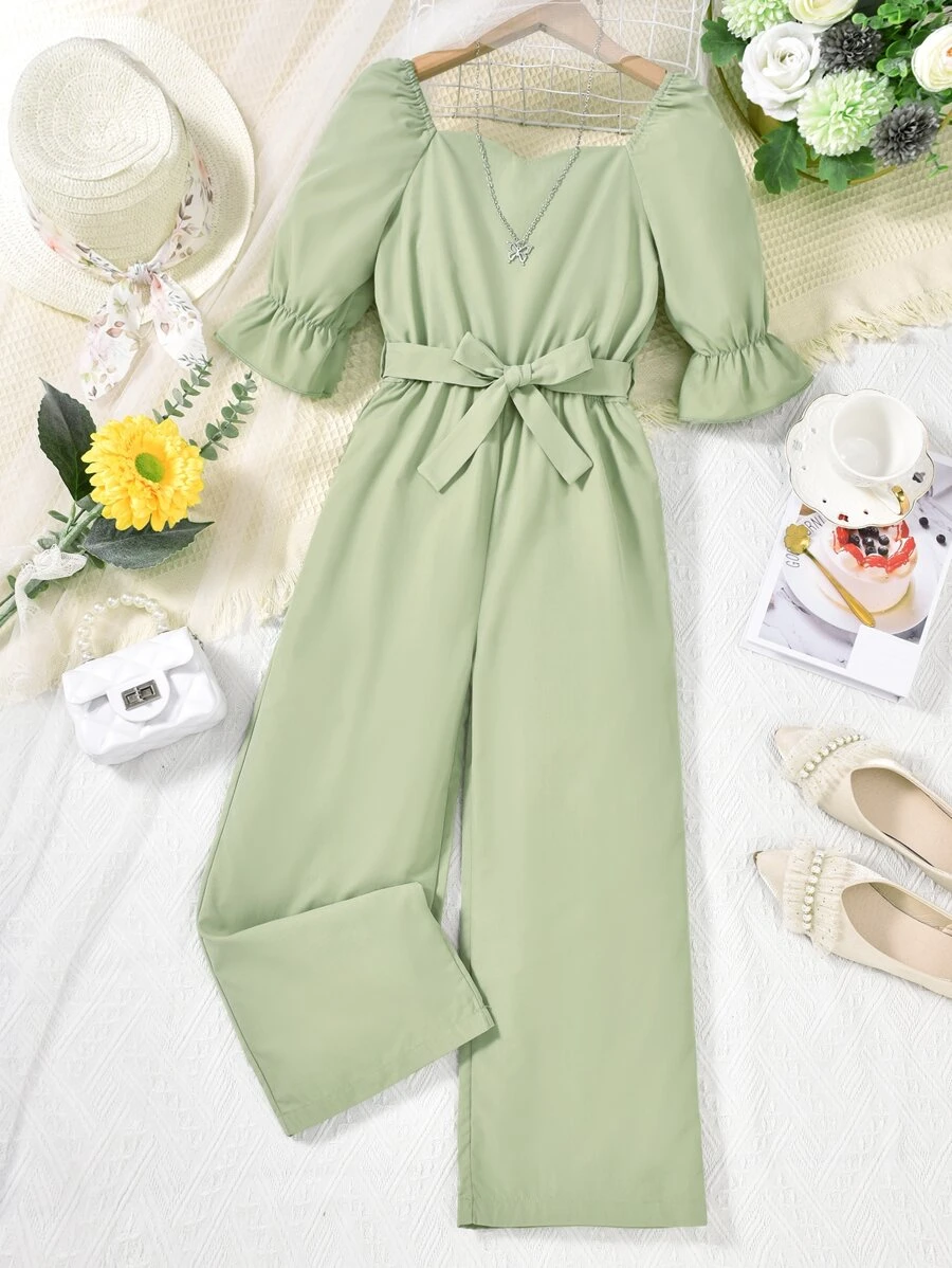 SHEIN Áo liền quần Gái Xù màu trơn Giải trí - màu xanh lá - Xem 1