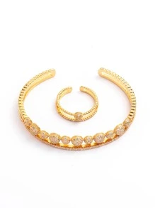 方晶鋯石裝飾開口手鐲和開口戒指 - 金黃色 - 查看 3