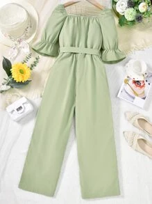 SHEIN Áo liền quần Gái Xù màu trơn Giải trí - màu xanh lá - Xem 2