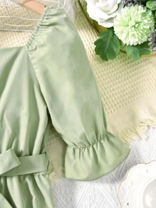 SHEIN Áo liền quần Gái Xù màu trơn Giải trí - màu xanh lá - Xem 3