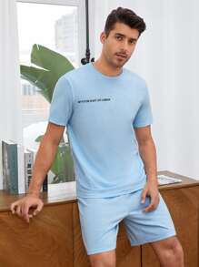 SHEIN Men Slogan Graphic PJ Set - Baby Blue - View 1