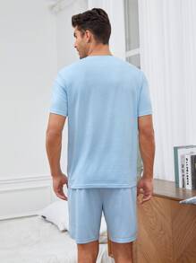 SHEIN Men Slogan Graphic PJ Set - Baby Blue - View 2