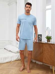 SHEIN Men Slogan Graphic PJ Set - Baby Blue - View 3