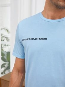 SHEIN Men Slogan Graphic PJ Set - Baby Blue - View 4