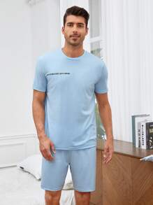 SHEIN Men Slogan Graphic PJ Set - Baby Blue - View 5