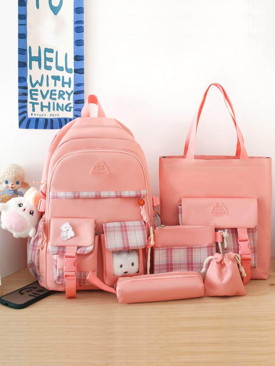Có thể mang đi , Dung lượng lớn 5 cái Kawaii Bộ ba lô , Hoa văn kẻ sọc Cặp sách Với & Túi tote & Túi đeo chéo & Hộp bút & Dây rút Ví Đối với Cô gái tuổi teen NỮ Cao đẳng Sinh viên Ngày giáo viên , Hoàn hảo Đối với Trường học , Trường tiểu học , Ở giữa Trường học , Trung học phổ thông - Hồng - Xem 1