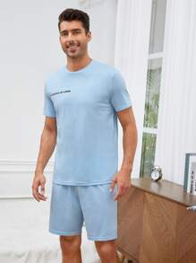 SHEIN Men Slogan Graphic PJ Set - Baby Blue - View 6