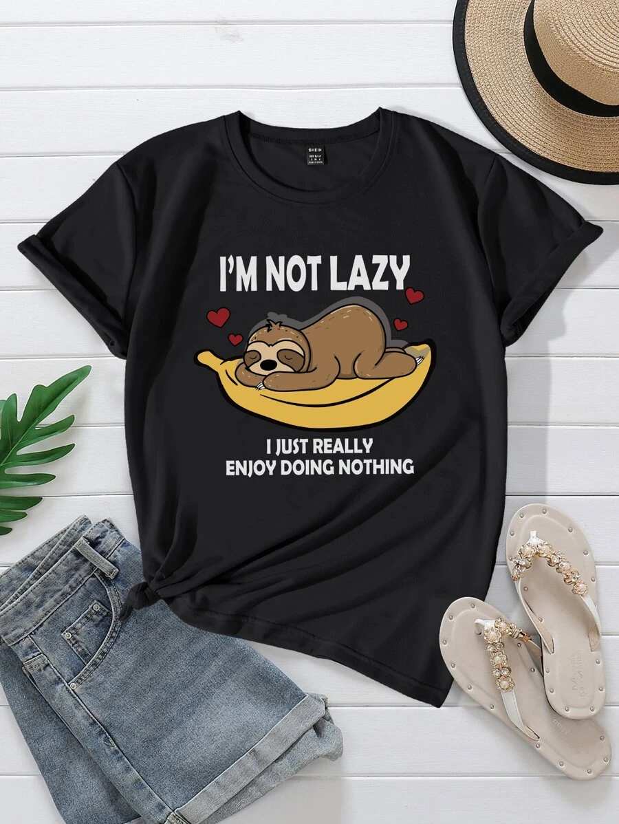 SHEIN Unity Sloth & Slogan Graphic Tee - Black - View 1