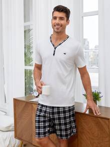SHEIN Men Plaid Print Contrast Trim PJ Set - Black and White - View 1