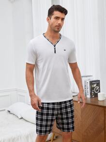 SHEIN Men Plaid Print Contrast Trim PJ Set - Black and White - View 3