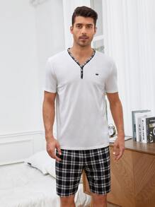 SHEIN Men Plaid Print Contrast Trim PJ Set - Black and White - View 5