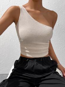 SHEIN EZwear Solid One Shoulder Crop Top - Apricot - View 1