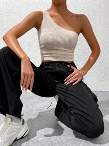 SHEIN EZwear Solid One Shoulder Crop Top - Apricot - View 5