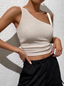 SHEIN EZwear Solid One Shoulder Crop Top - Apricot - View 3