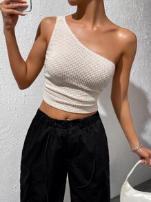 SHEIN EZwear Solid One Shoulder Crop Top - Apricot - View 7