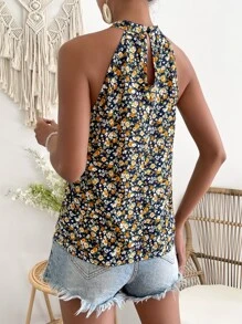SHEIN VCAY Ditsy Floral Print Keyhole Back Halter Neck Blouse - Yellow - View 2