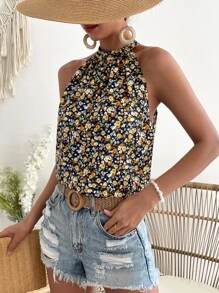 SHEIN VCAY Ditsy Floral Print Keyhole Back Halter Neck Blouse - Yellow - View 3