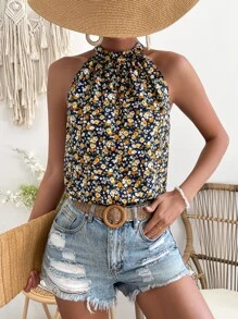 SHEIN VCAY Ditsy Floral Print Keyhole Back Halter Neck Blouse - Yellow - View 4