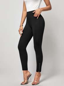 SHEIN Clasi Quần tất nữ Túi Dây kéo màu trơn Giải trí - màu đen - Xem 3