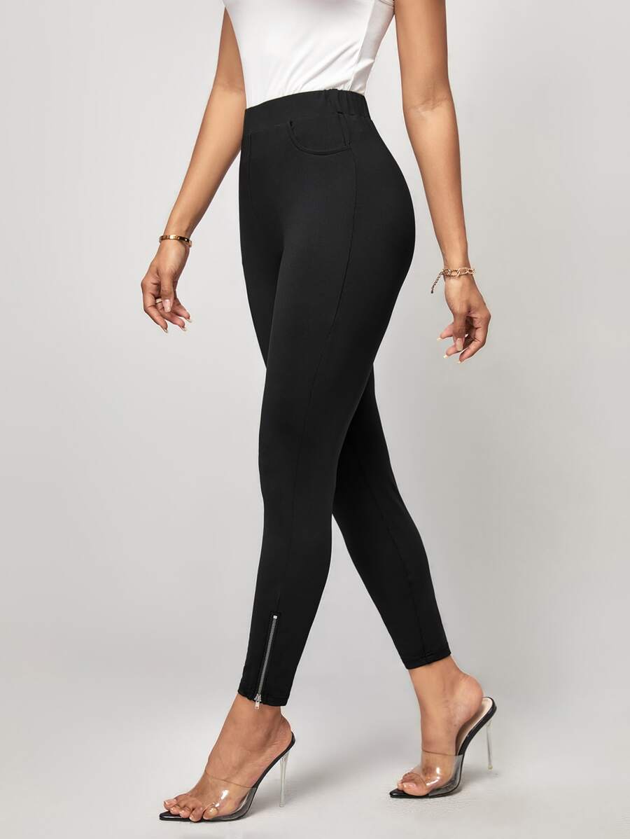 SHEIN Clasi Quần tất nữ Túi Dây kéo màu trơn Giải trí - màu đen - Xem 1