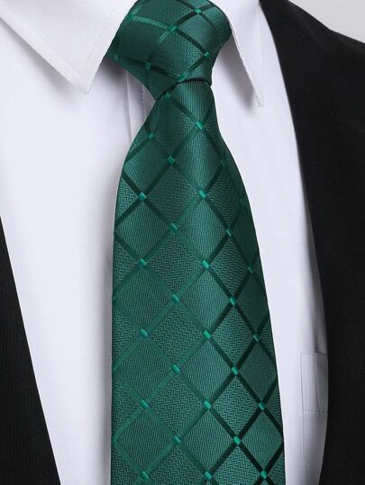 1pc 8cm Width Men's Dark Green Plaid Necktie For Wedding Party Casual Men Necktie