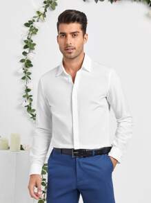 Manfinity VCAY 男士休闲纯色前扣衬衫 - 白色 - 查看 3