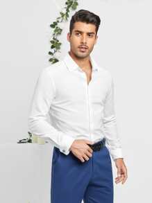 Manfinity VCAY 男士休闲纯色前扣衬衫 - 白色 - 查看 7