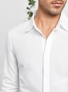 Manfinity VCAY 男士休闲纯色前扣衬衫 - 白色 - 查看 6