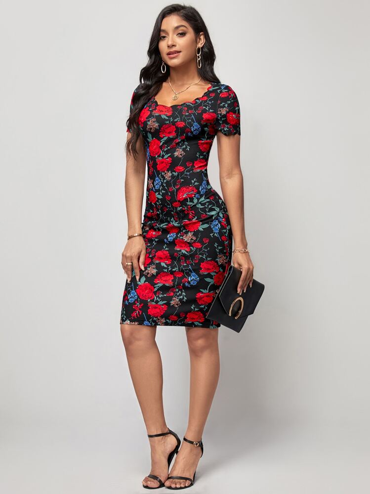 SHEIN Clasi Floral Print Scoop Neck Bodycon Dress - Multicolor - View 5